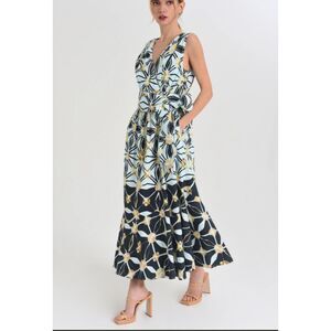CIEBON Esthella Cotton Maxi Wrap Dress Vibrant Floral Geometric Boho Sz L